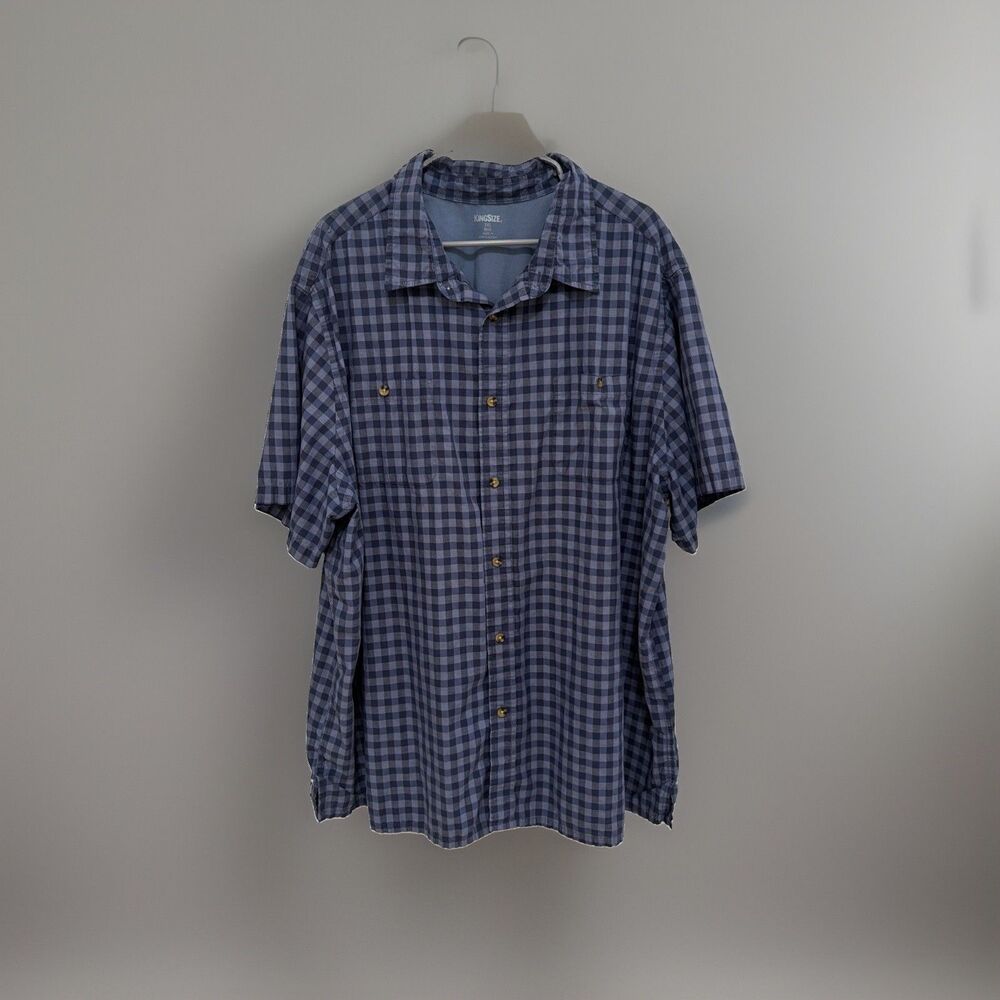 KingSize Men's 3XL Plaid Button Down Shirt Blue Gray Short Sleeve checkard